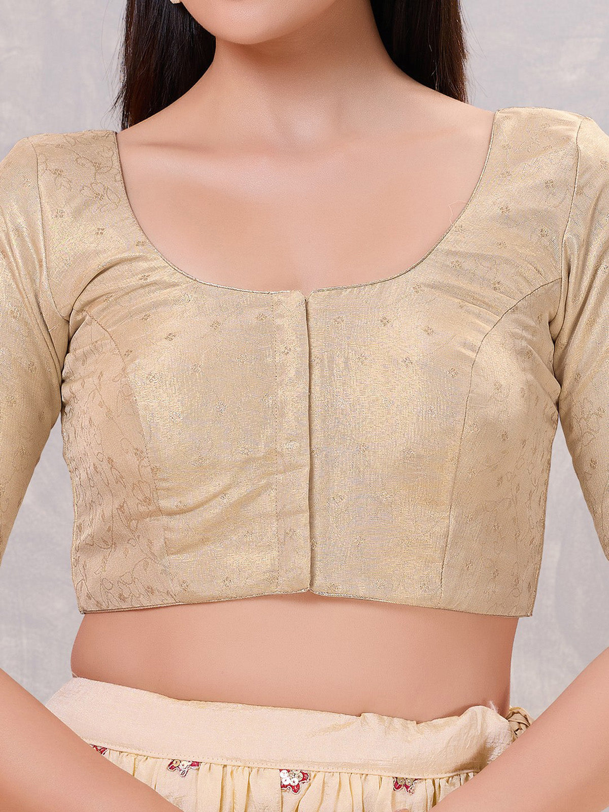Gold zari silk front open elbow sleeve blouse