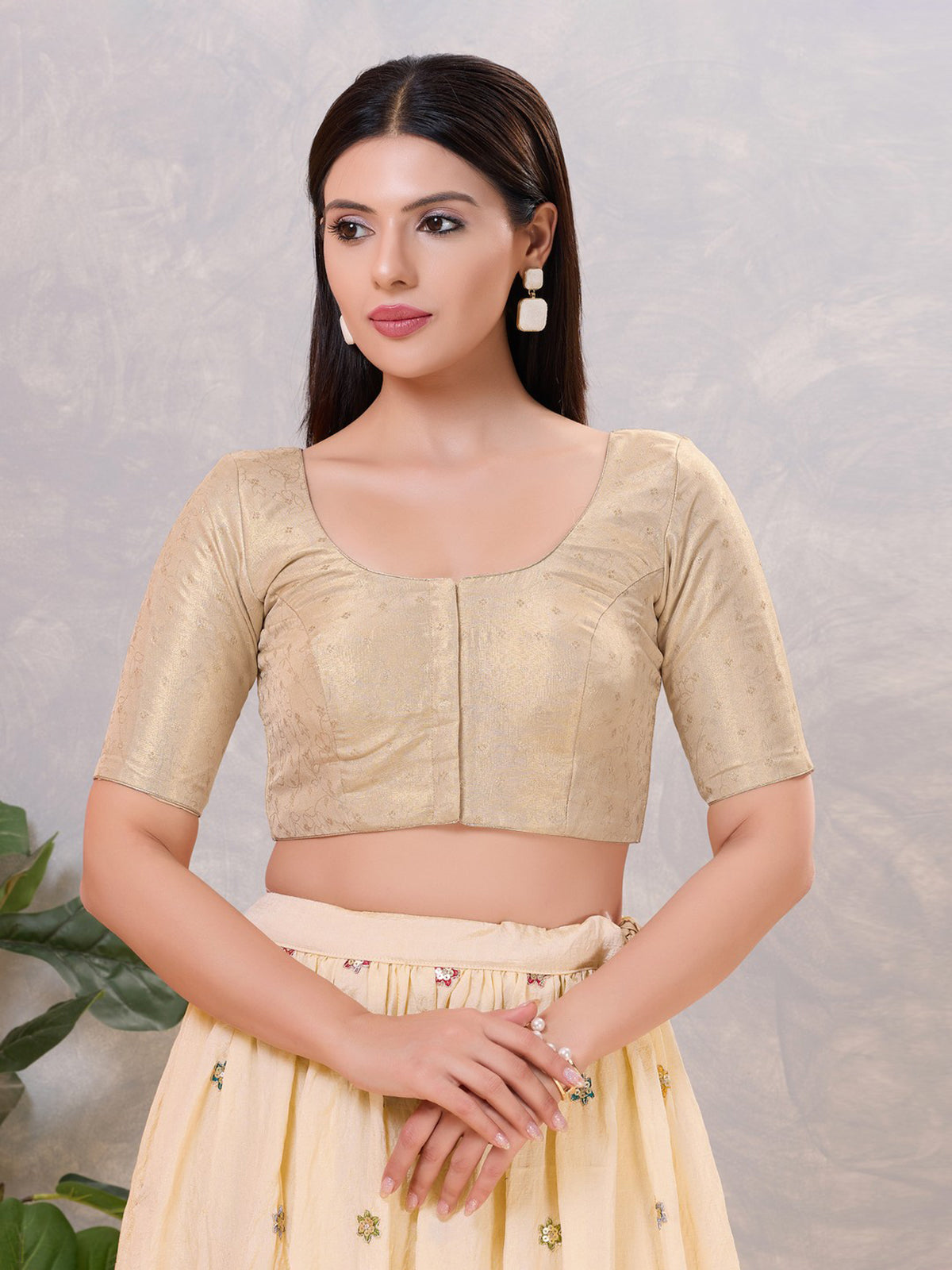 Gold zari silk front open elbow sleeve blouse