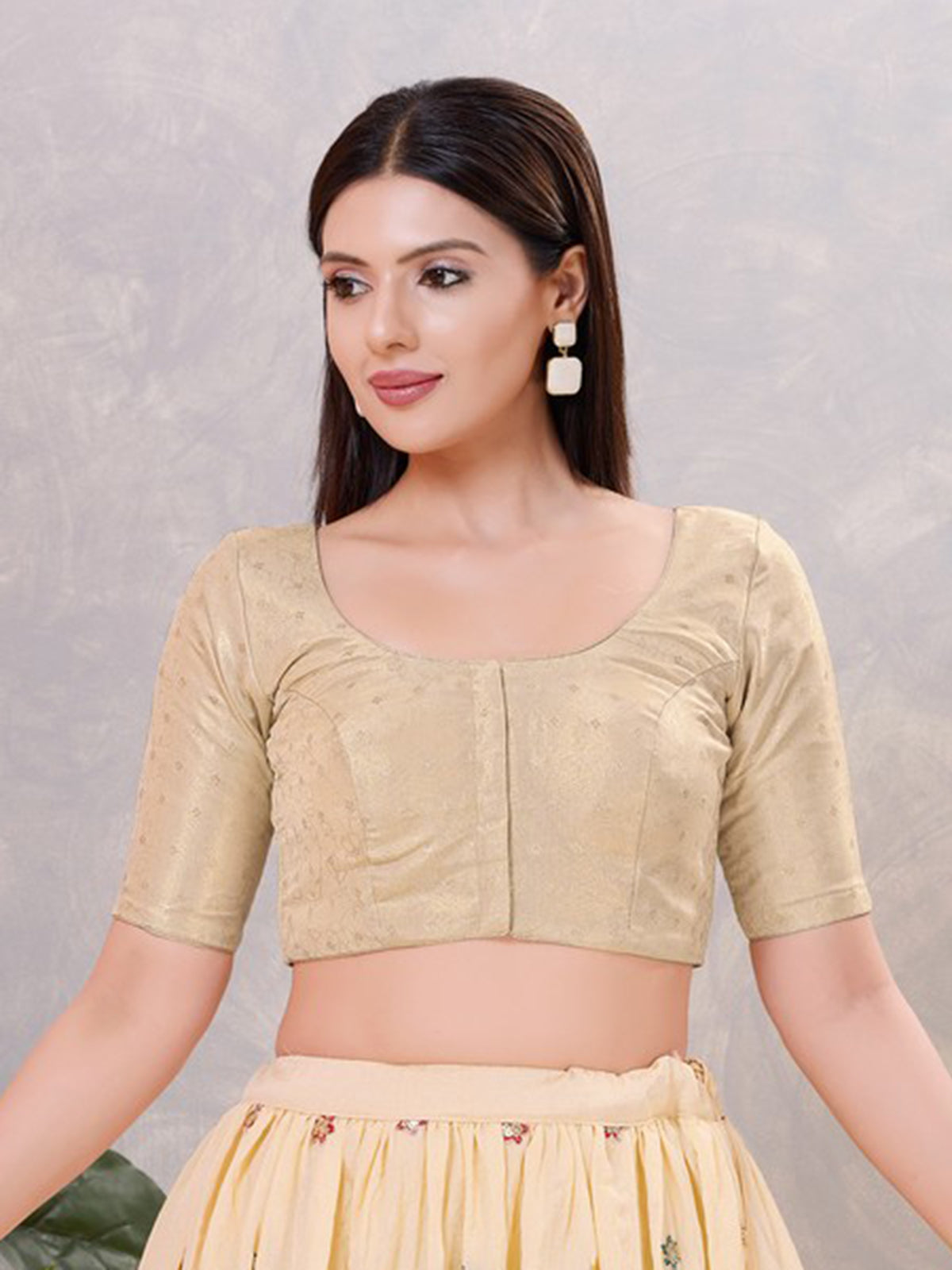 Gold zari silk front open elbow sleeve blouse