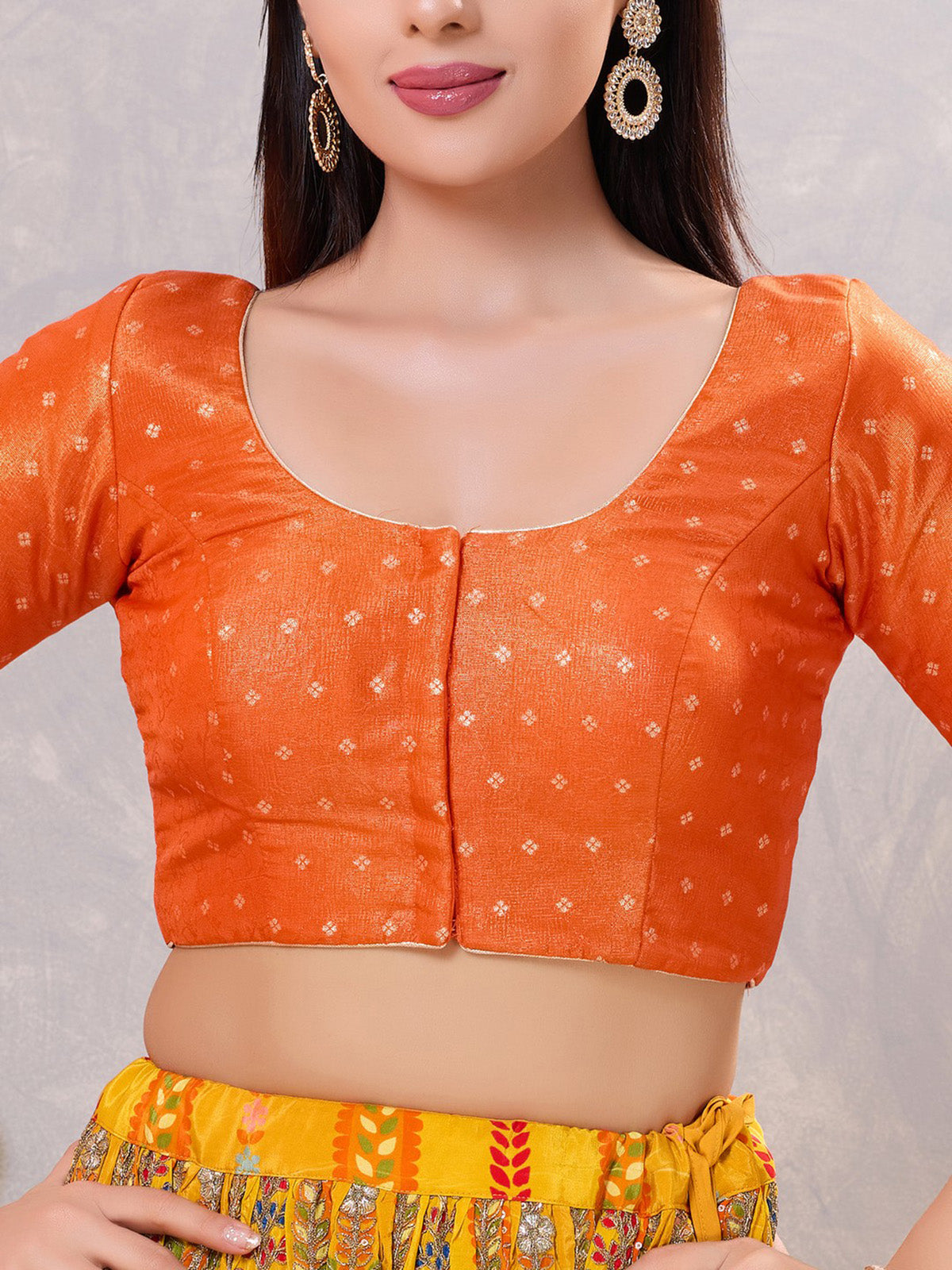 Orange zari silk round neck ready made blouse