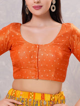 Orange zari silk round neck ready made blouse