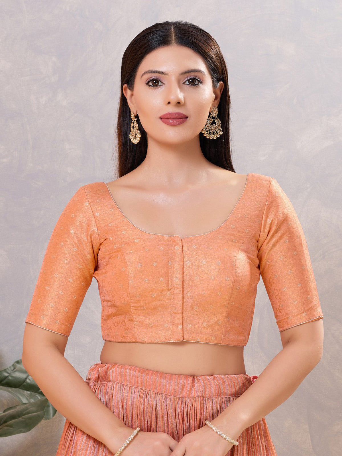 Peach zari silk front open round neck blouse