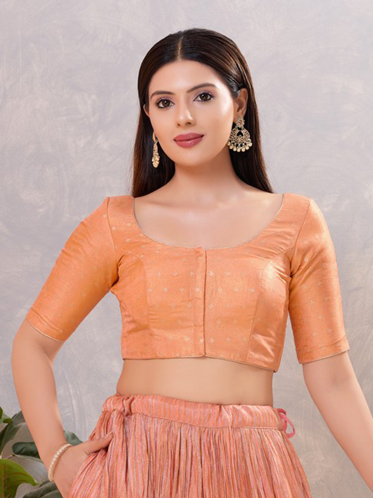 Peach zari silk front open round neck blouse
