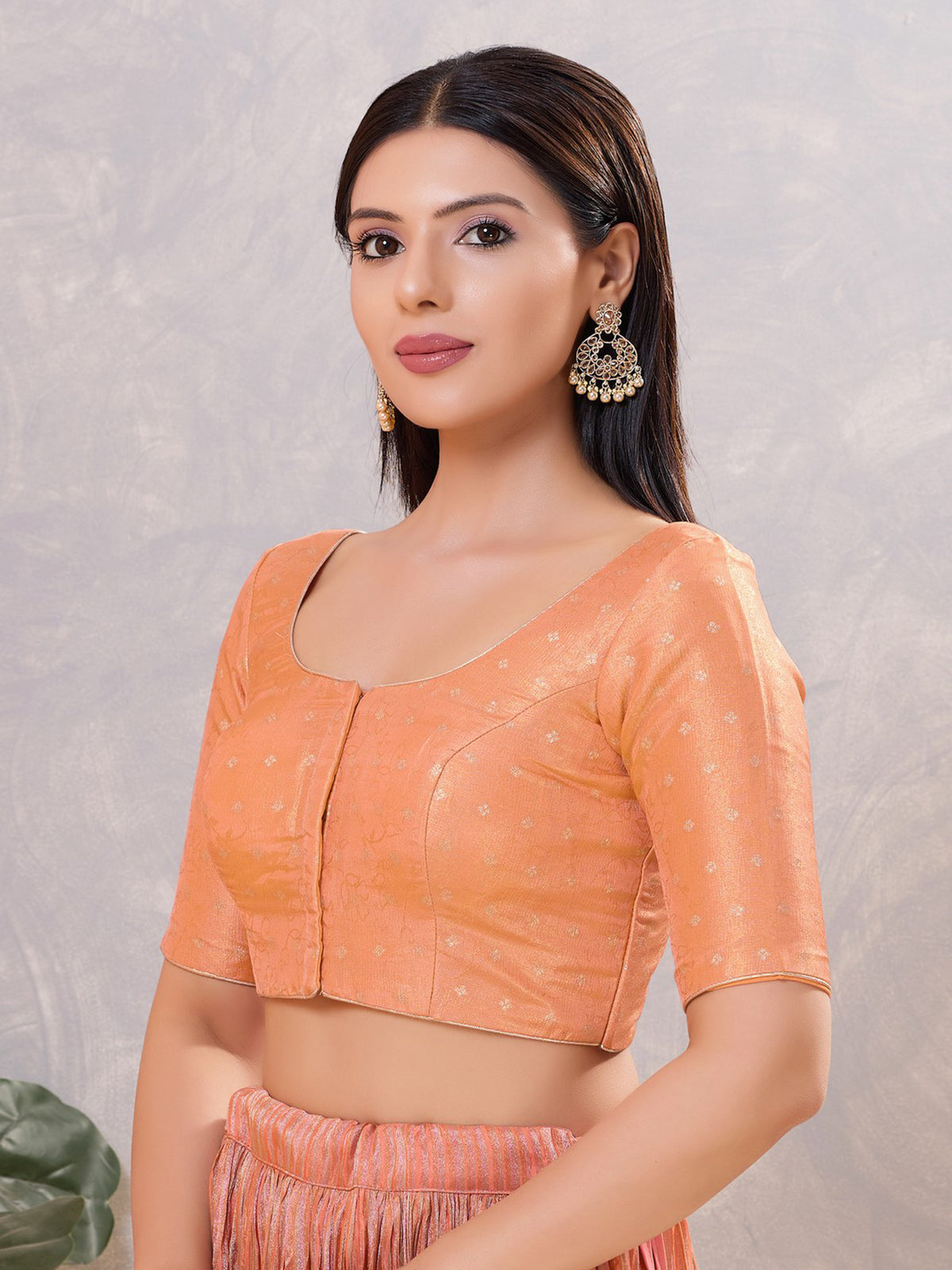 Peach zari silk front open round neck blouse
