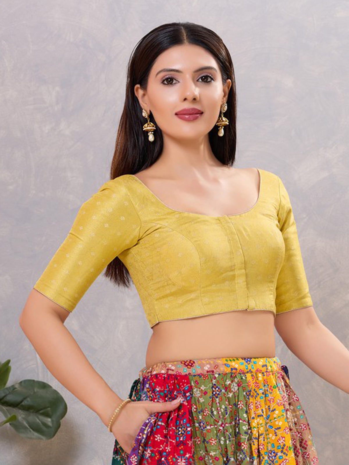 Mehendi yellow zari silk elbow sleeve blouse