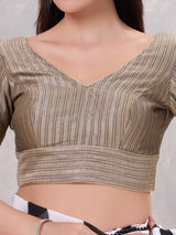 Black zari jacquard V neck back open blouse