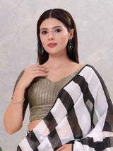 Black zari jacquard V neck back open blouse