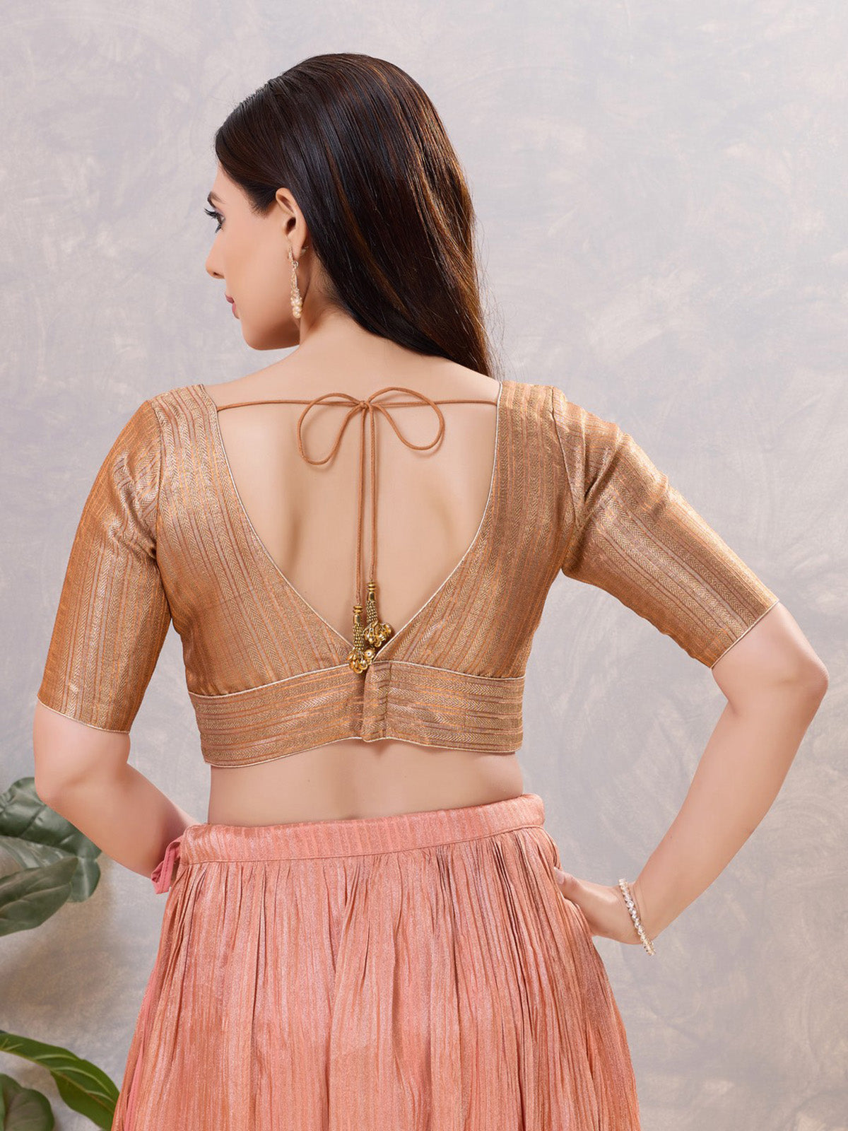 Copper gold zari jacquard V neck blouse