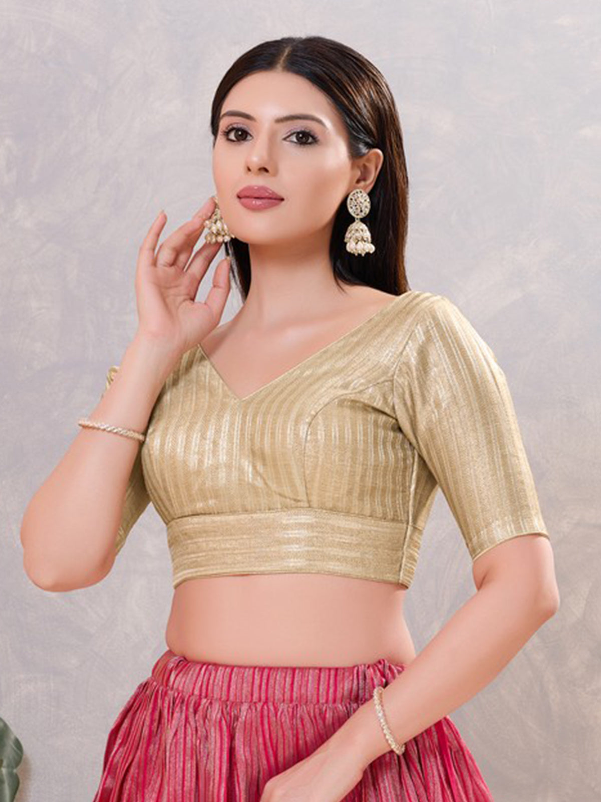 Light gold zari jacquard back open blouse