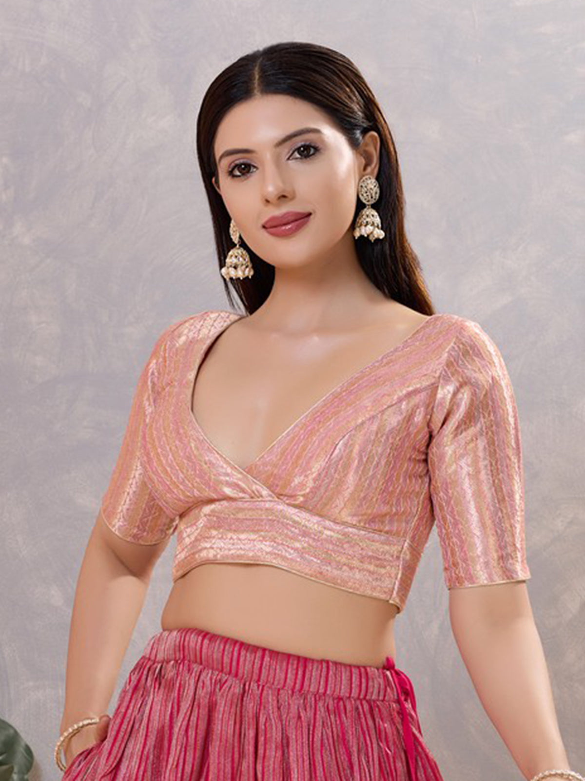 Light pink zari jacquard V neck blouse