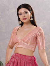 Light pink zari jacquard V neck blouse
