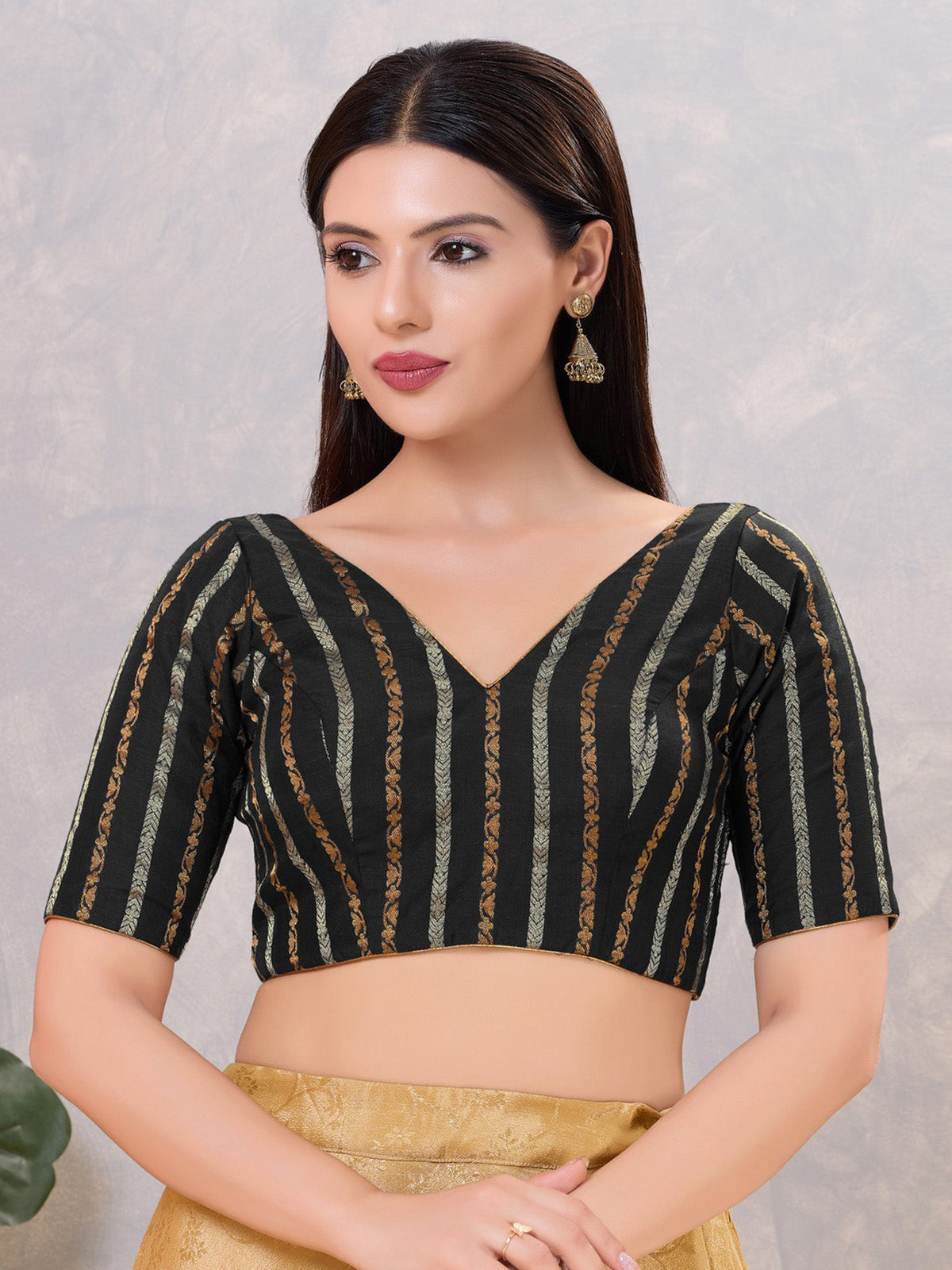 Black zari cotton blend V neck blouse