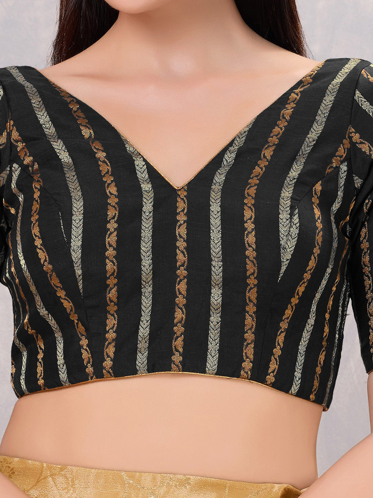 Black zari cotton blend V neck blouse