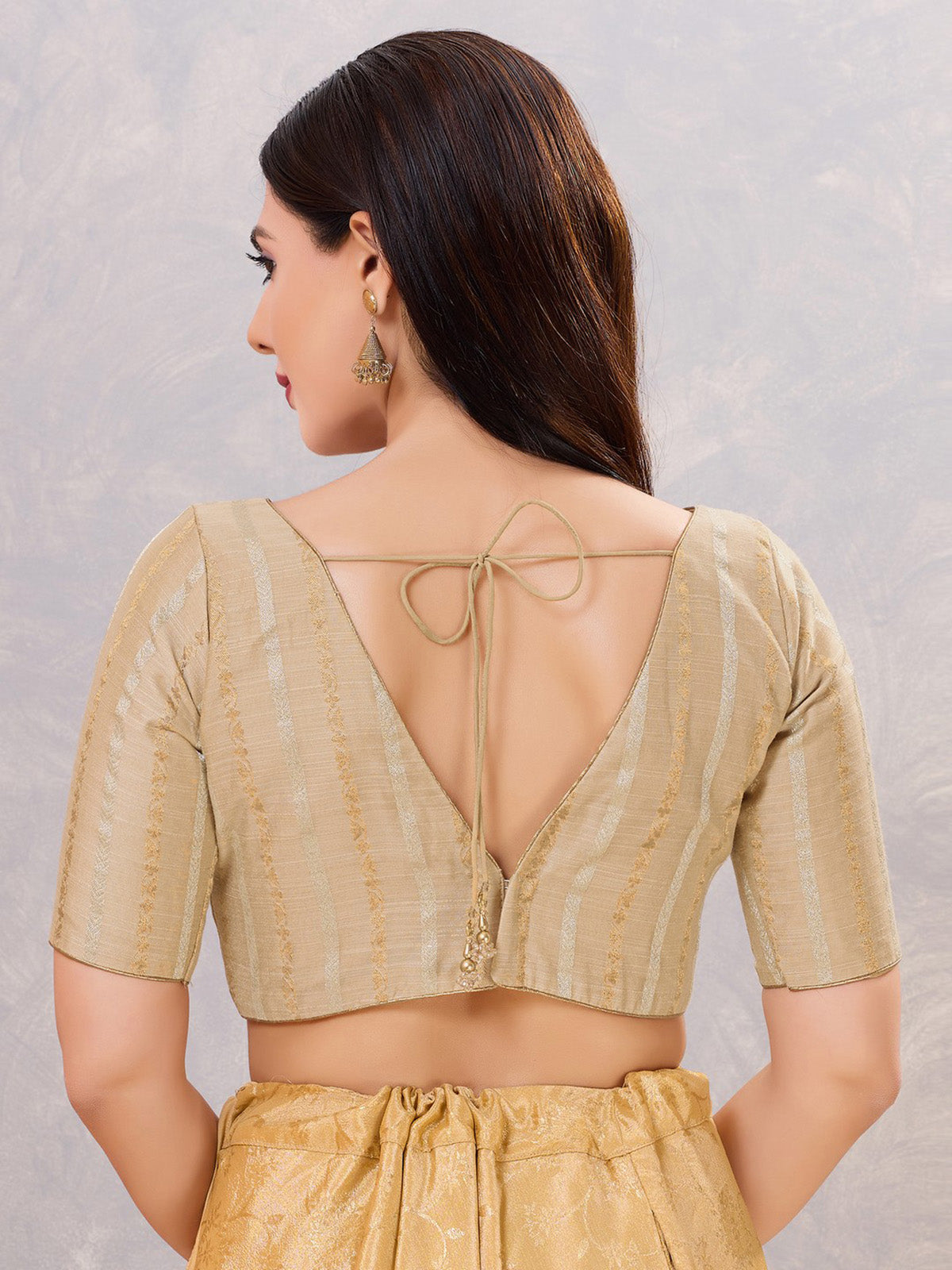Beige zari cotton blend V neck blouse