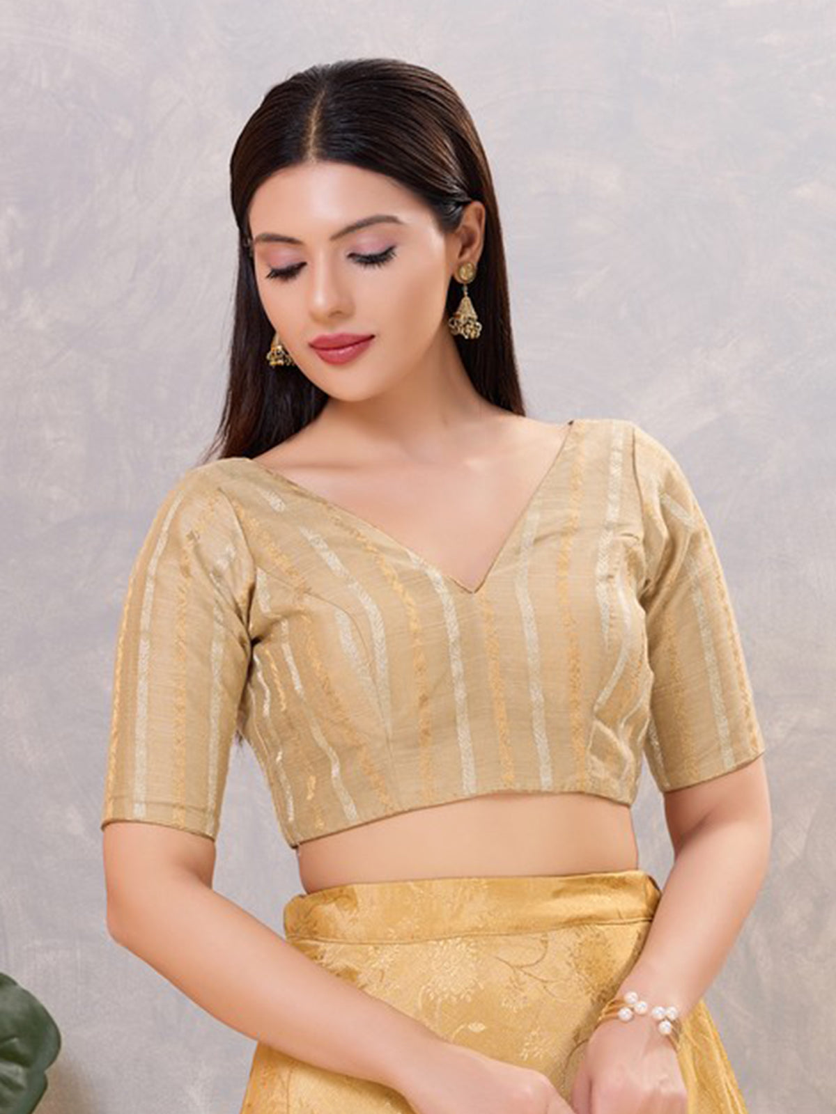 Beige zari cotton blend V neck blouse