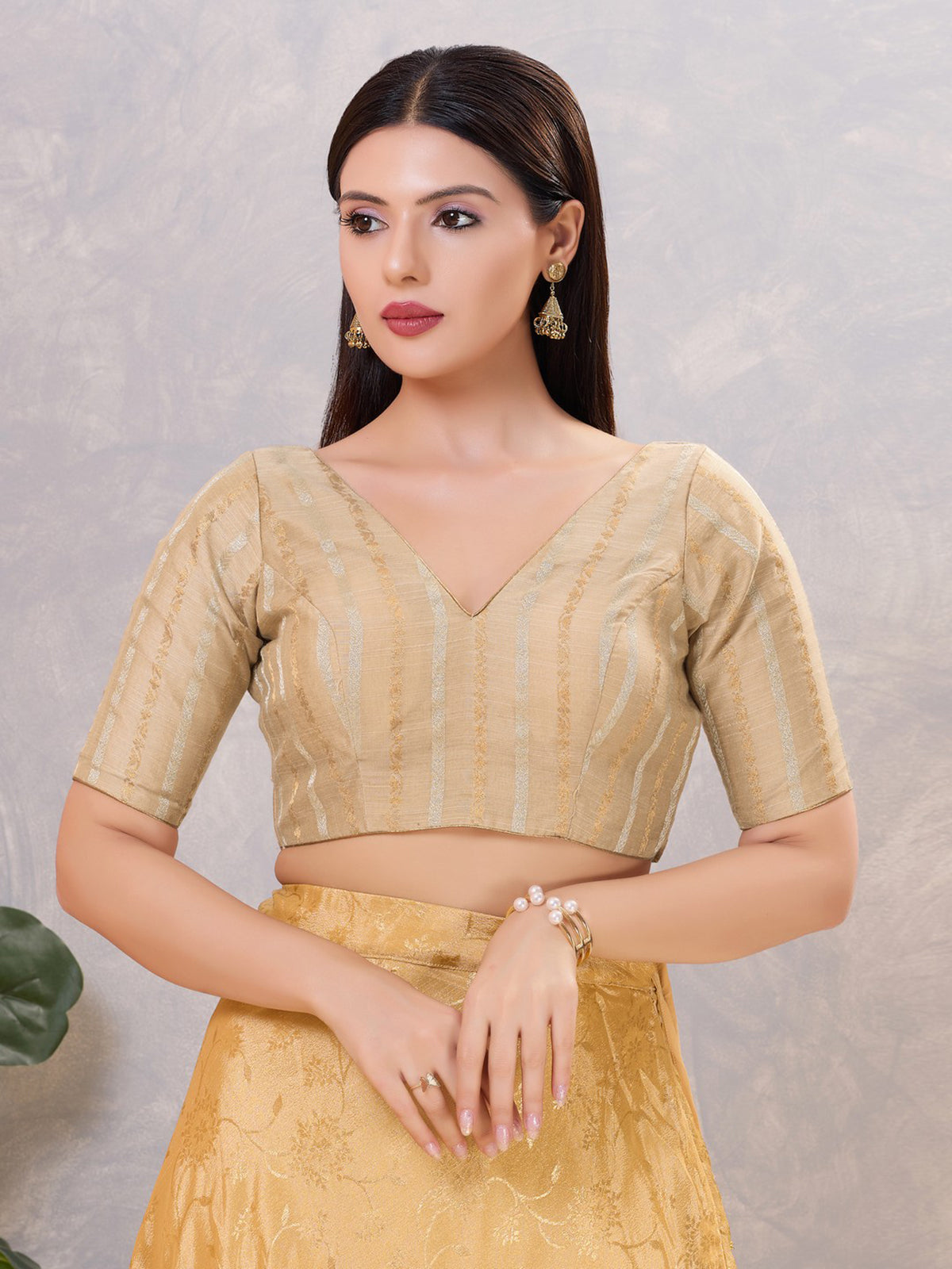 Beige zari cotton blend V neck blouse