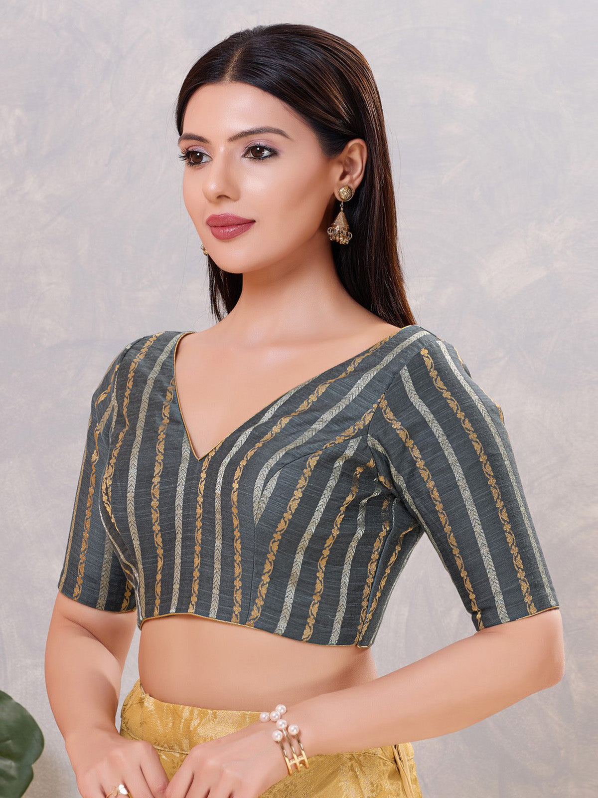 Grey zari cotton blend back open blouse