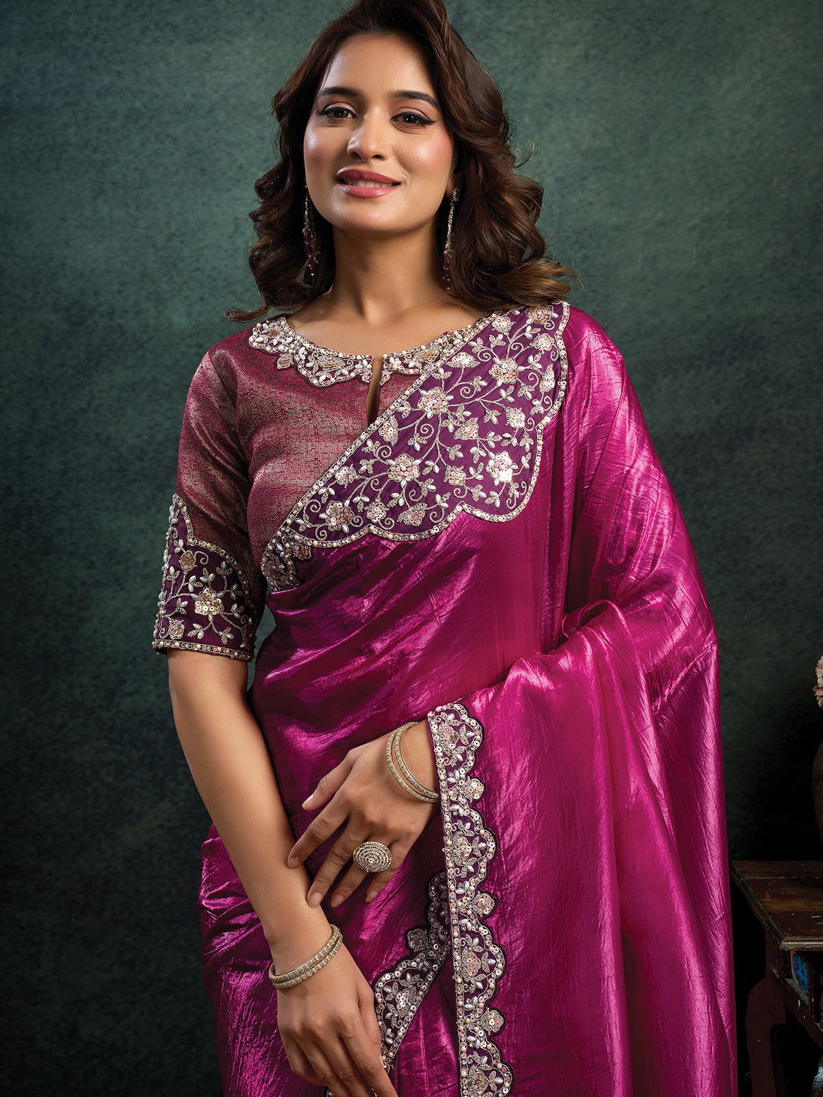 Magenta designer pearl embellished cruss satin saree