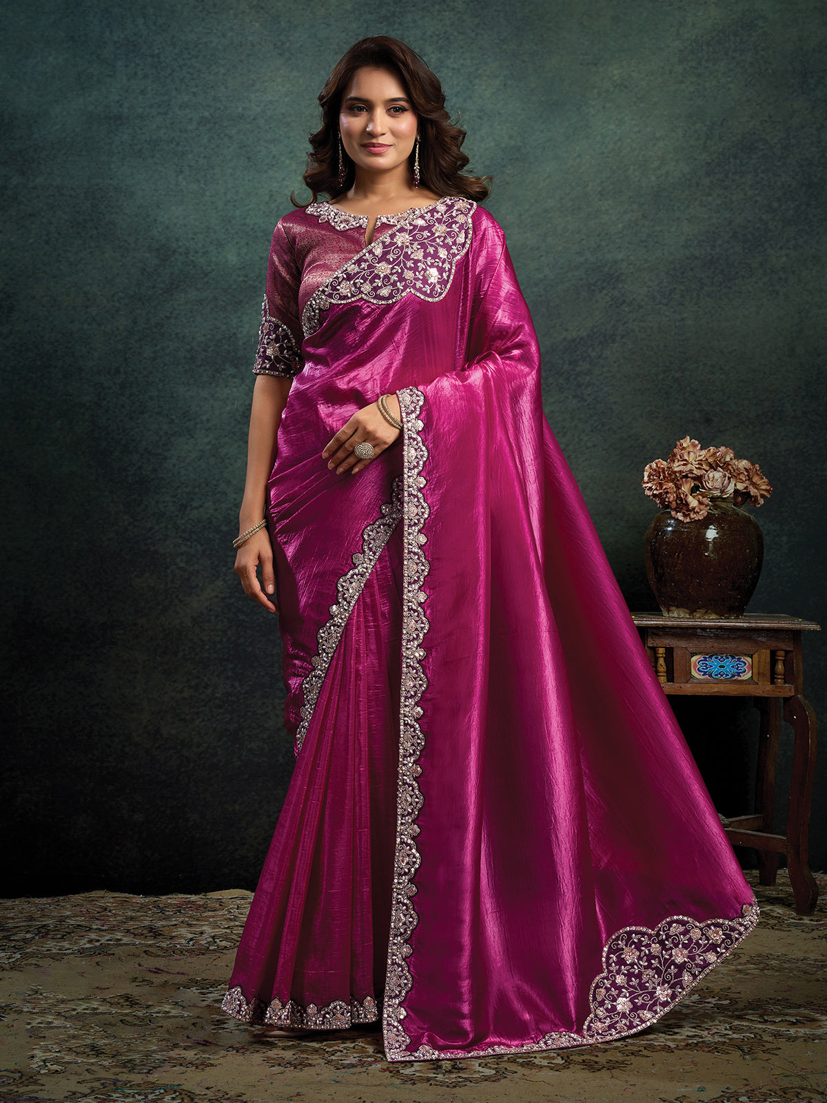 Magenta designer pearl embellished cruss satin saree