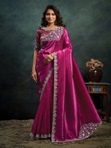 Magenta designer pearl embellished cruss satin saree