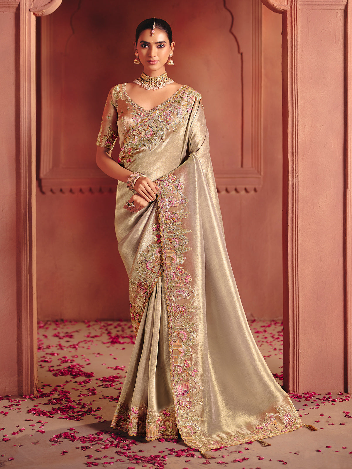 Silver bridal saree enhanced with opulent festive artistry