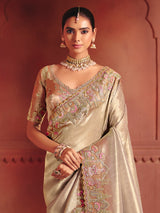 Silver bridal saree enhanced with opulent festive artistry
