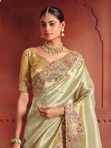 Pista green silk saree showcasing delicate ethnic luxury