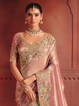 Onion pink wedding saree with ornate handcrafted elegance