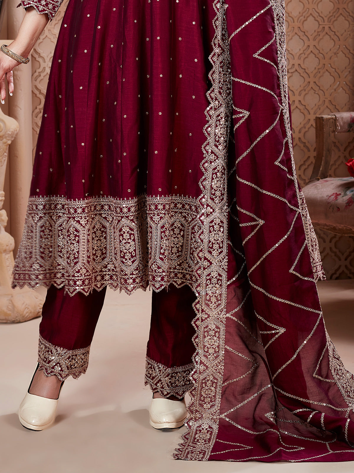 Maroon silk anarkali suit with coordinated dupatta