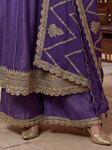 Purple silk pakistani style anarkali palazzo suit for women