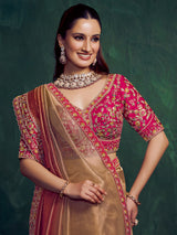 Pastel peach kora zari tissue silk saree