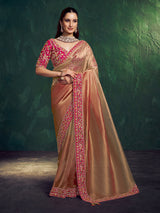 Pastel peach kora zari tissue silk saree