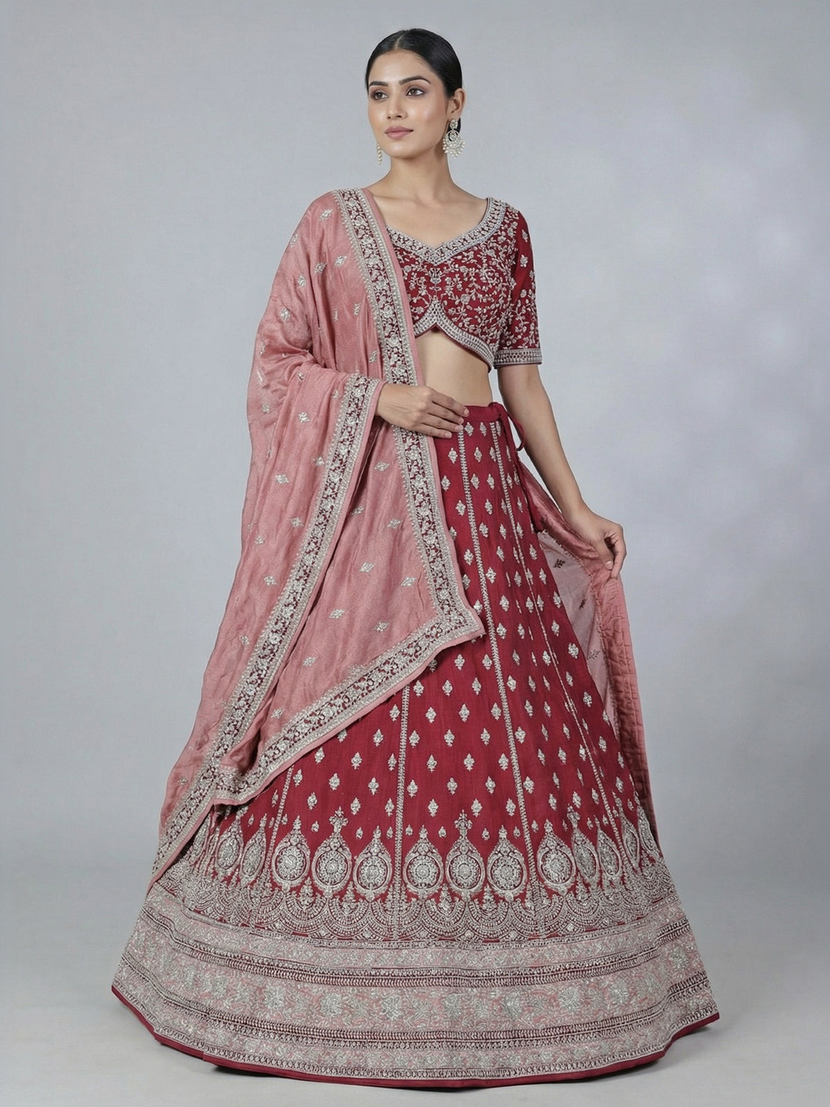 Maroon silk bridal lehenga choli with dupatta