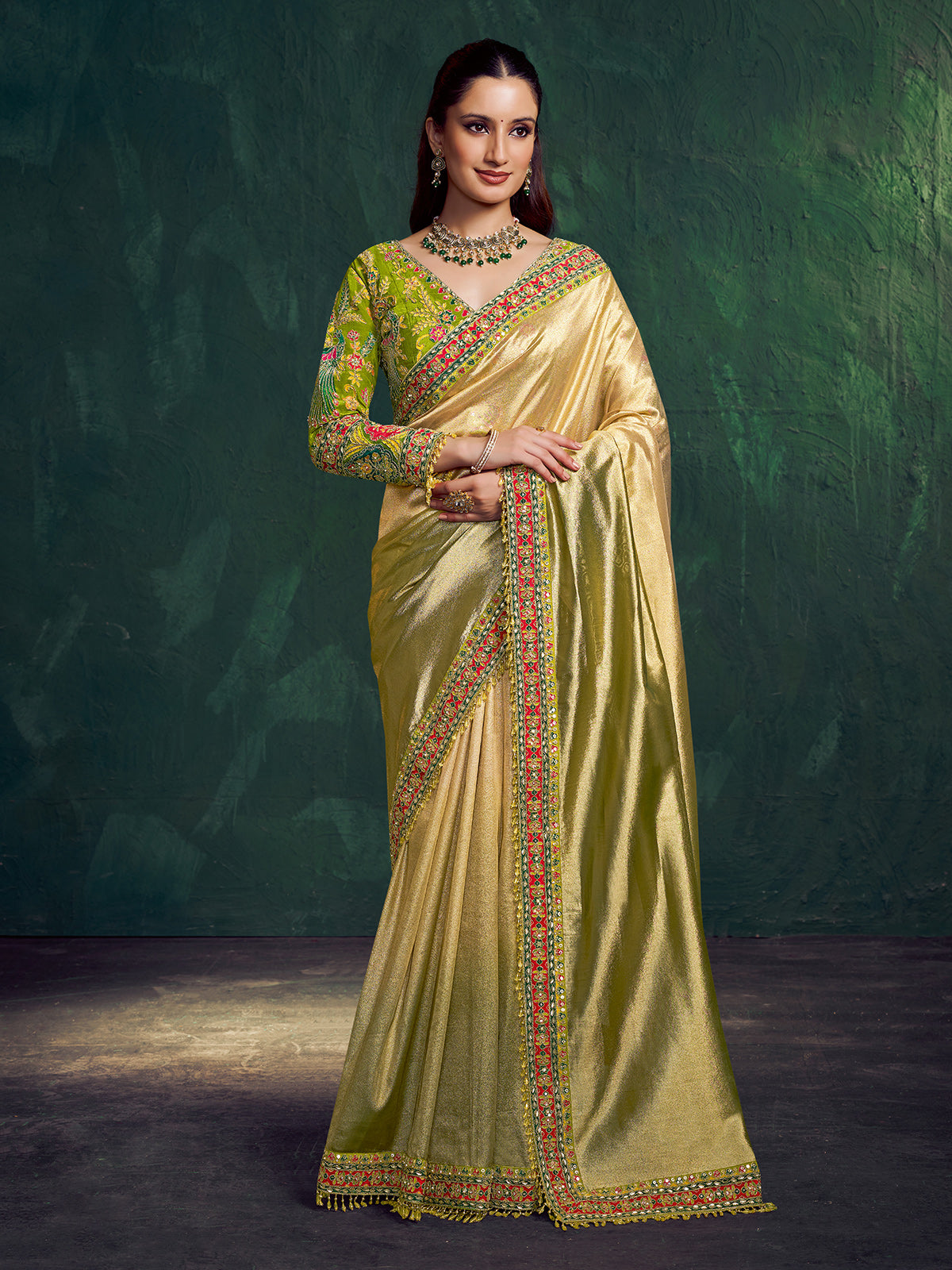 Shaded pista green kora zari tissue silk saree