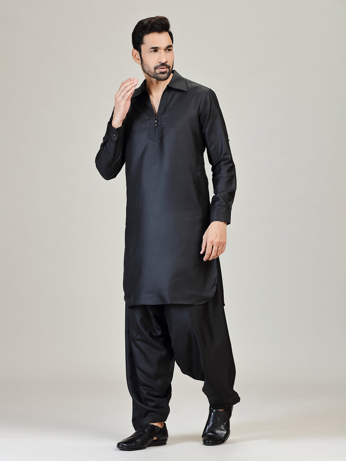 Black plain pathani kurta suit for men