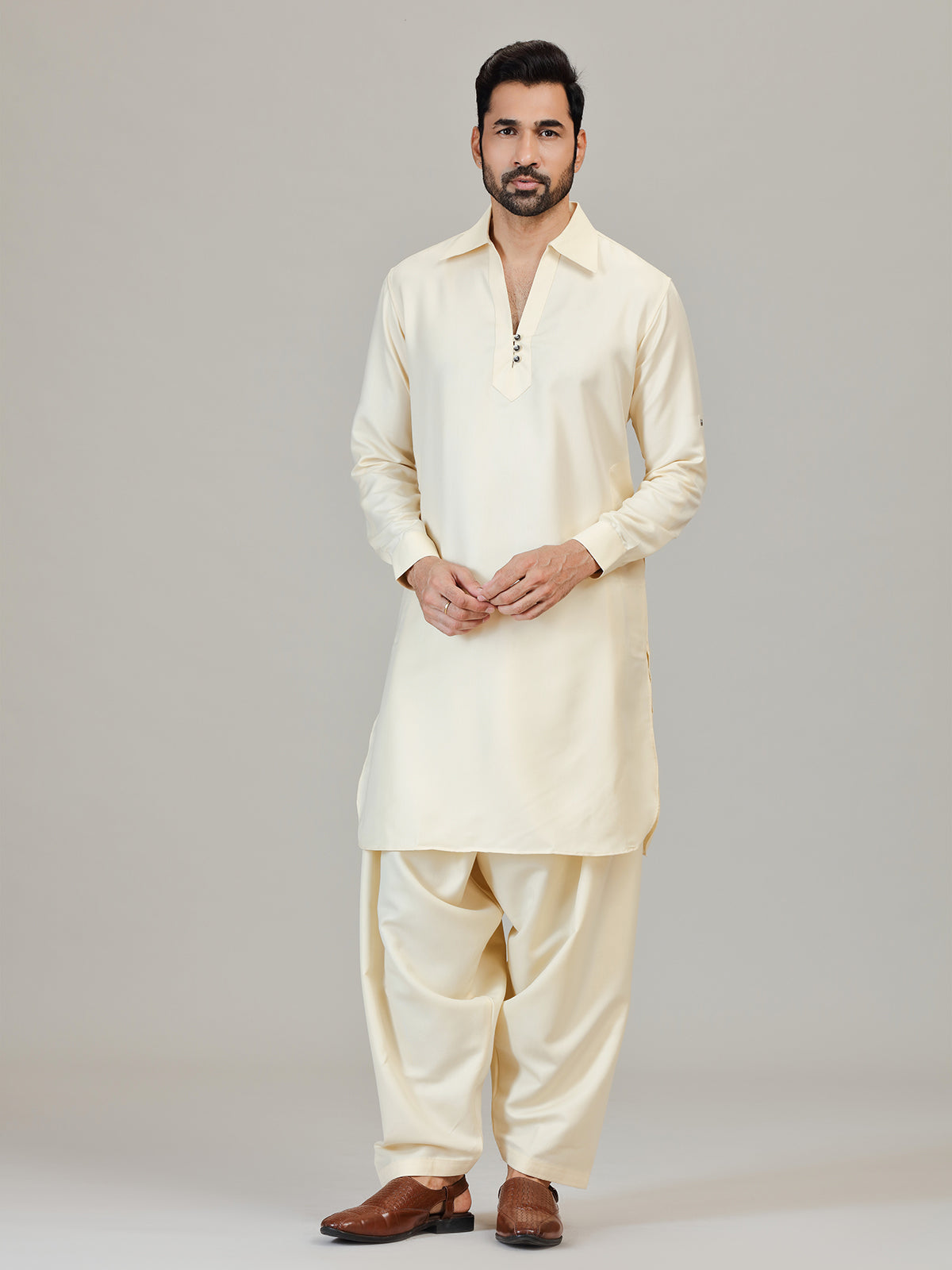 Cream festive wear cotton silk pathani kurta suit