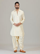 Cream festive wear cotton silk pathani kurta suit