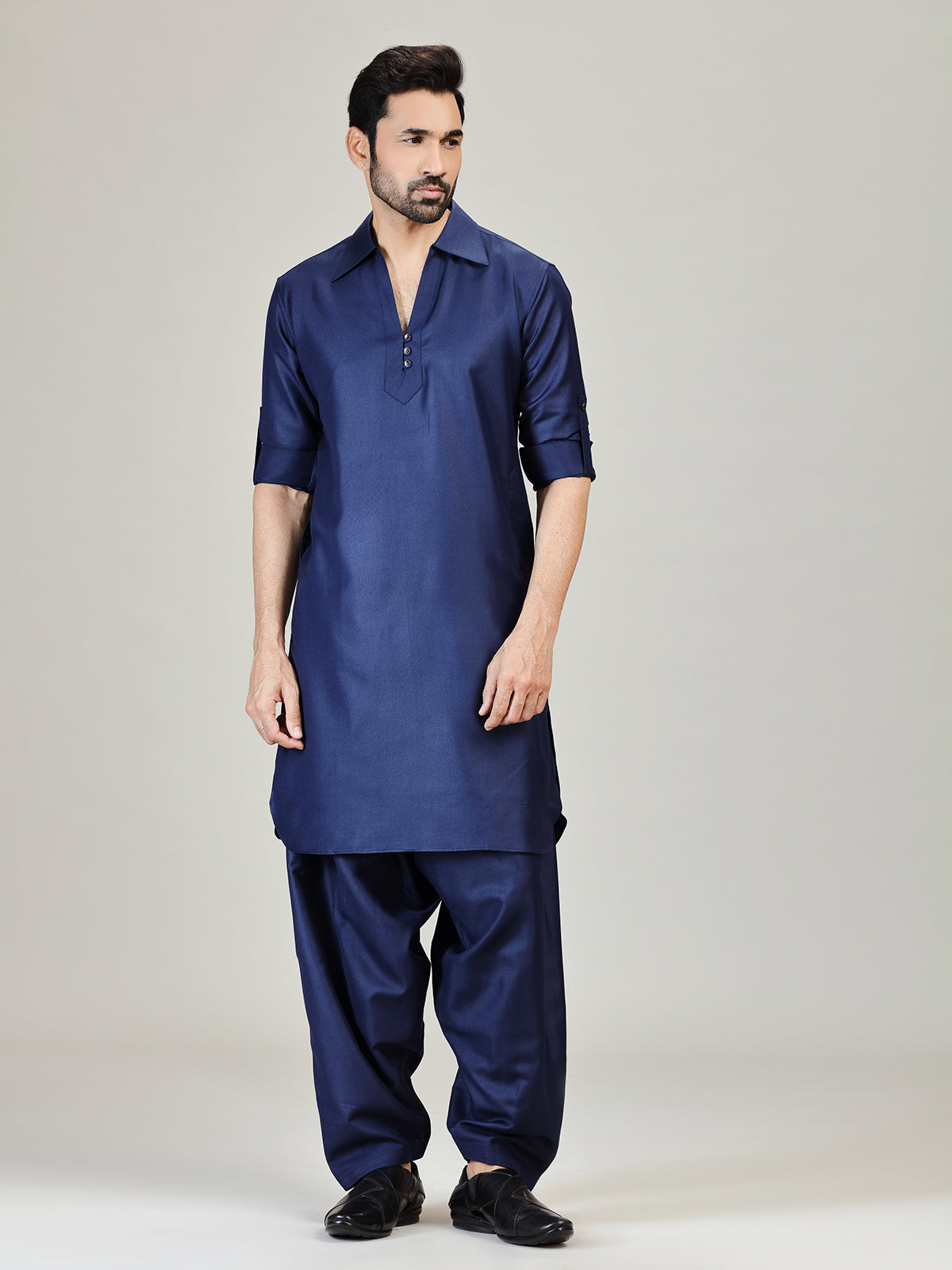 Navy plian pathani kurta suit in cotton silk