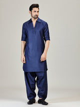 Navy plian pathani kurta suit in cotton silk