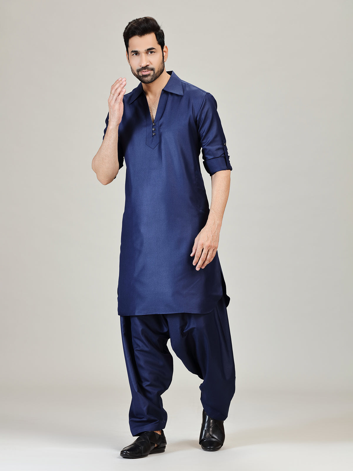 Navy plian pathani kurta suit in cotton silk