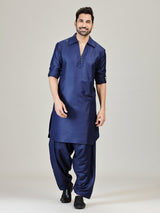 Navy plian pathani kurta suit in cotton silk