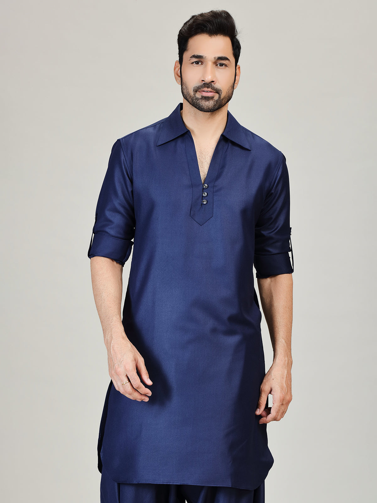 Navy plian pathani kurta suit in cotton silk