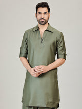 Olive green plan cotton silk pathani kurta suit