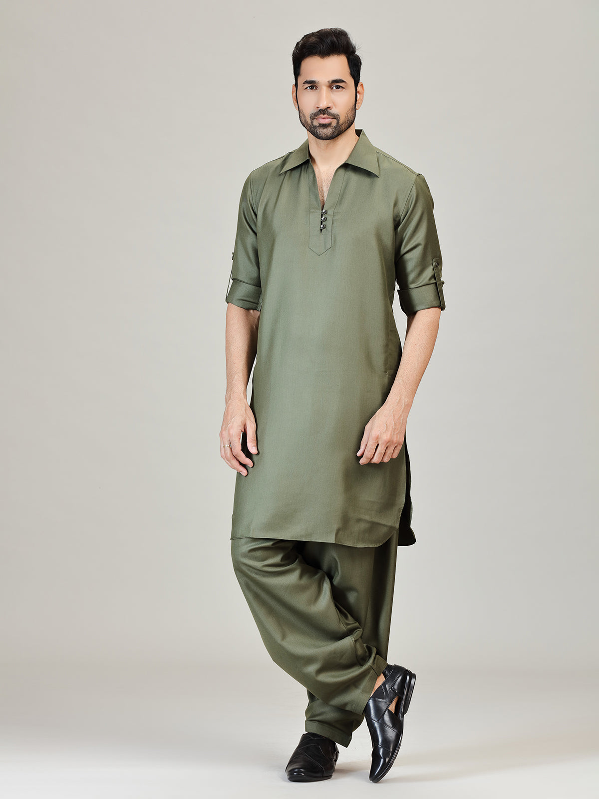 Olive green plan cotton silk pathani kurta suit