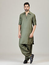 Olive green plan cotton silk pathani kurta suit
