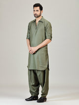 Olive green plan cotton silk pathani kurta suit