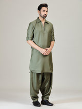 Olive green plan cotton silk pathani kurta suit