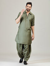 Olive green plan cotton silk pathani kurta suit