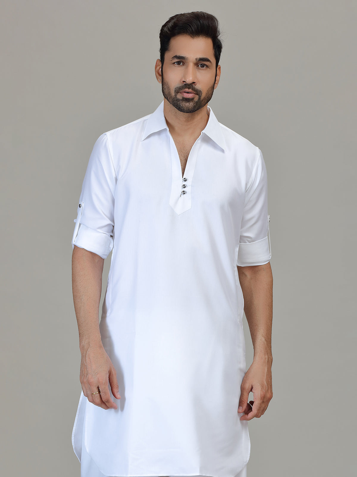 White cotton silk pathani kurta suit for festive celebration