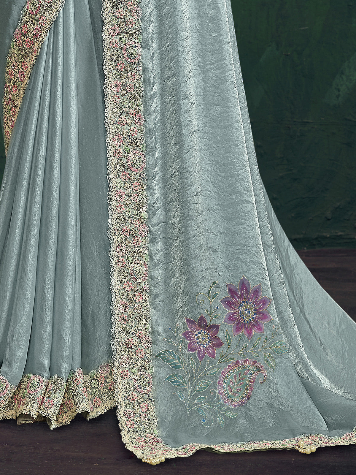 Mint blue shimmer satin silk saree